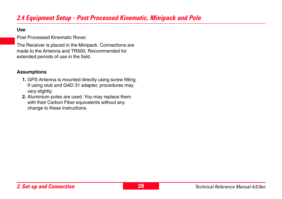 4 equipment setup - post processed kinematic, Minipack and pole | Leica Geosystems GPS System 500 - Technical Reference Manual User Manual | Page 28 / 391