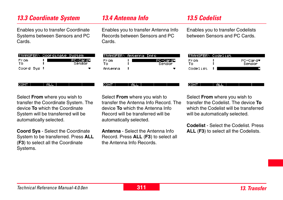 3 coordinate system, 4 antenna info, 5 codelist | 4 antenna info 13.5 codelist, 3 coordinate system 13.4 antenna info | Leica Geosystems GPS System 500 - Technical Reference Manual User Manual | Page 311 / 391