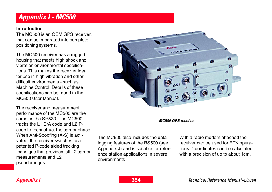 Appendix i - mc500 | Leica Geosystems GPS System 500 - Technical Reference Manual User Manual | Page 364 / 391