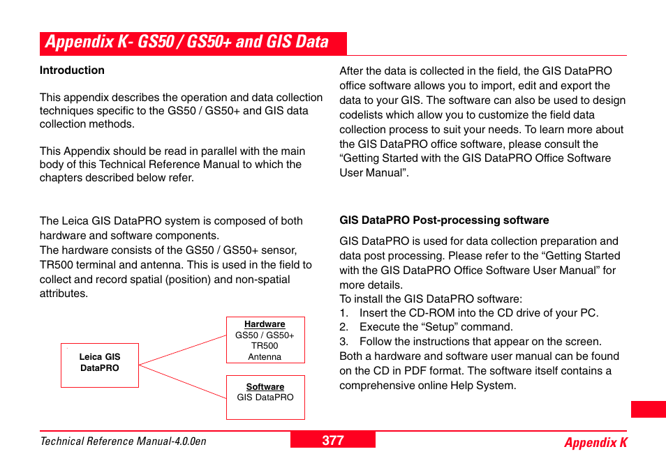 Appendix k- gs50 / gs50+ and gis data collection, 377 appendix k | Leica Geosystems GPS System 500 - Technical Reference Manual User Manual | Page 377 / 391