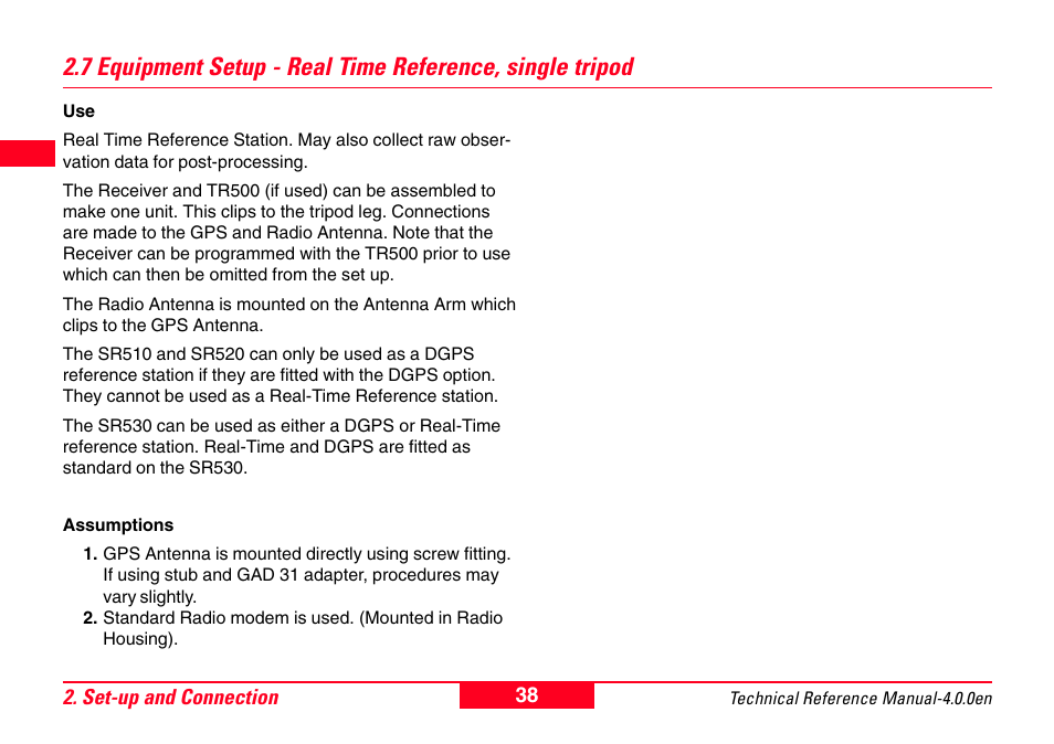 7 equipment setup - real time reference, Single tripod | Leica Geosystems GPS System 500 - Technical Reference Manual User Manual | Page 38 / 391