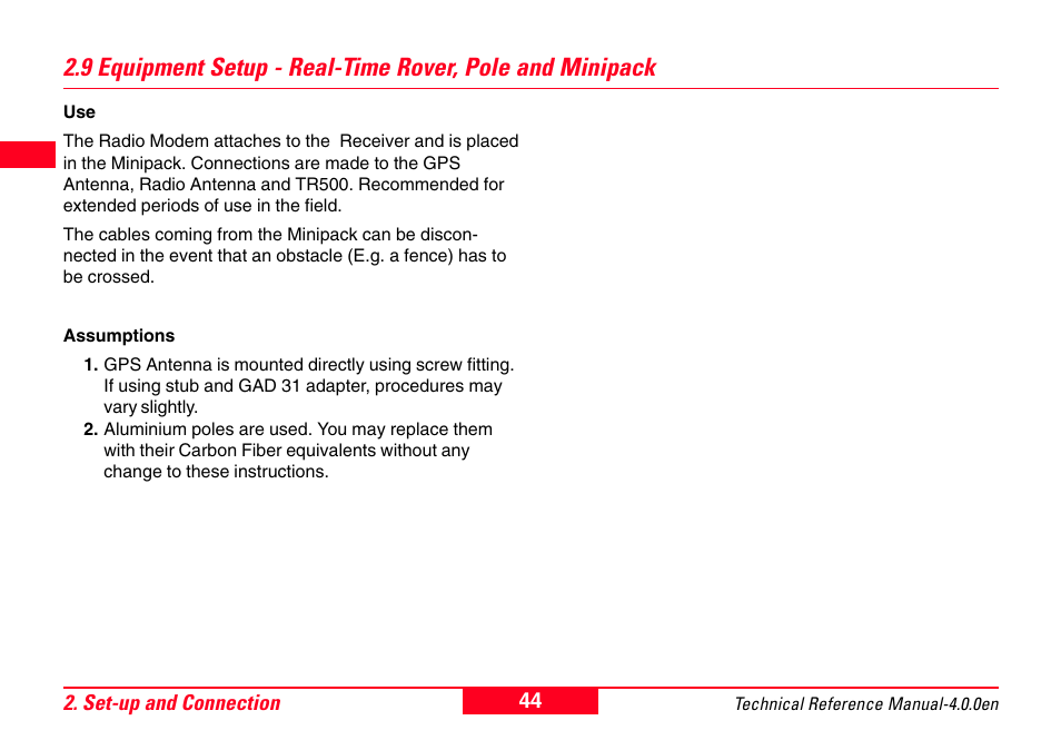 9 equipment setup - real-time rover, Pole and minipack | Leica Geosystems GPS System 500 - Technical Reference Manual User Manual | Page 44 / 391