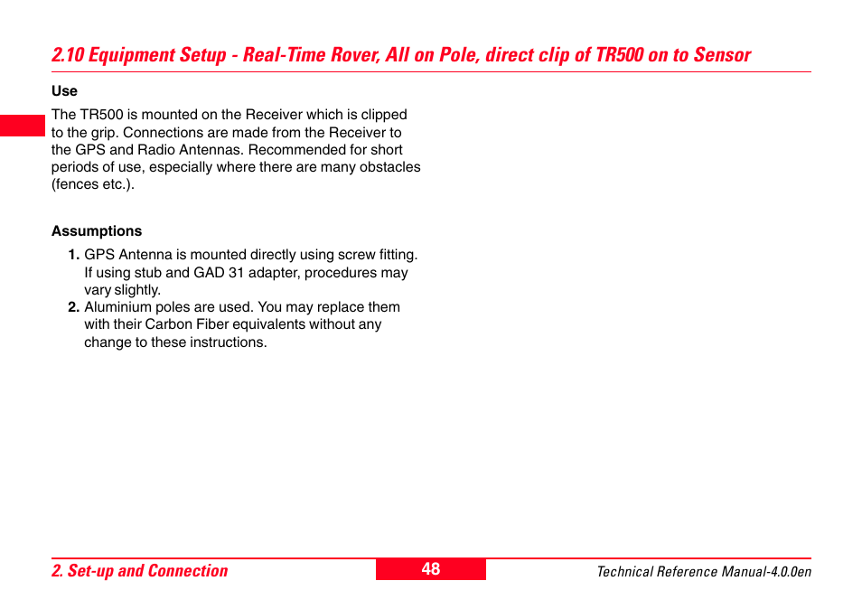 10 equipment setup - real-time rover, All on pole, direct clip of tr500 on to sensor | Leica Geosystems GPS System 500 - Technical Reference Manual User Manual | Page 48 / 391