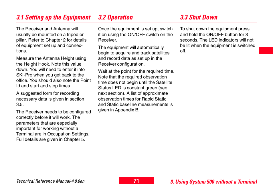 1 setting up the equipment, 2 operation, 3 shut down | 2 operation 3.3 shut down | Leica Geosystems GPS System 500 - Technical Reference Manual User Manual | Page 71 / 391
