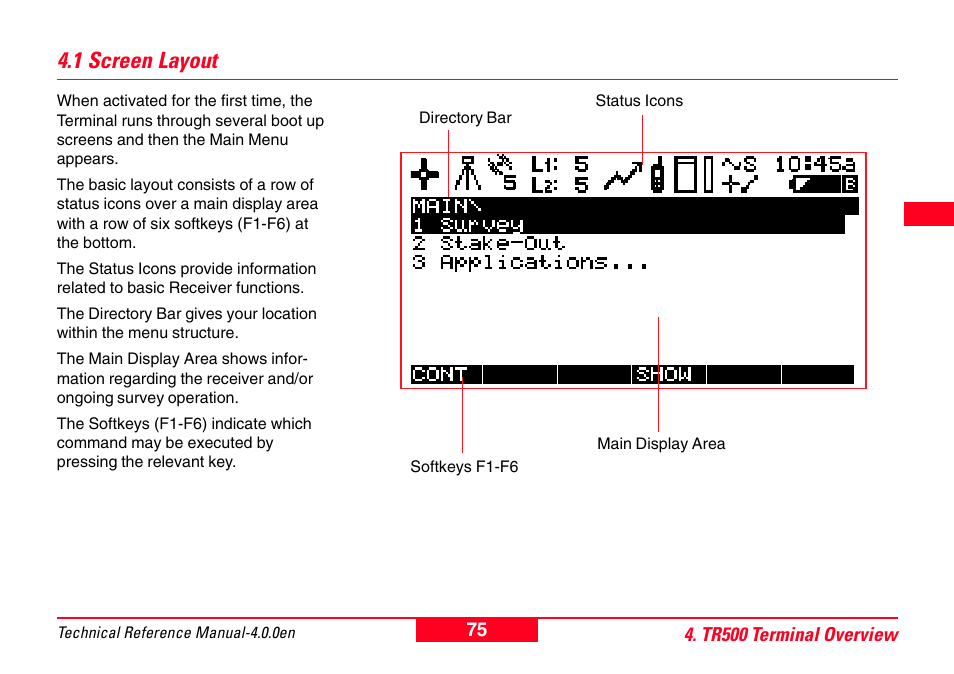 1 screen layout | Leica Geosystems GPS System 500 - Technical Reference Manual User Manual | Page 75 / 391