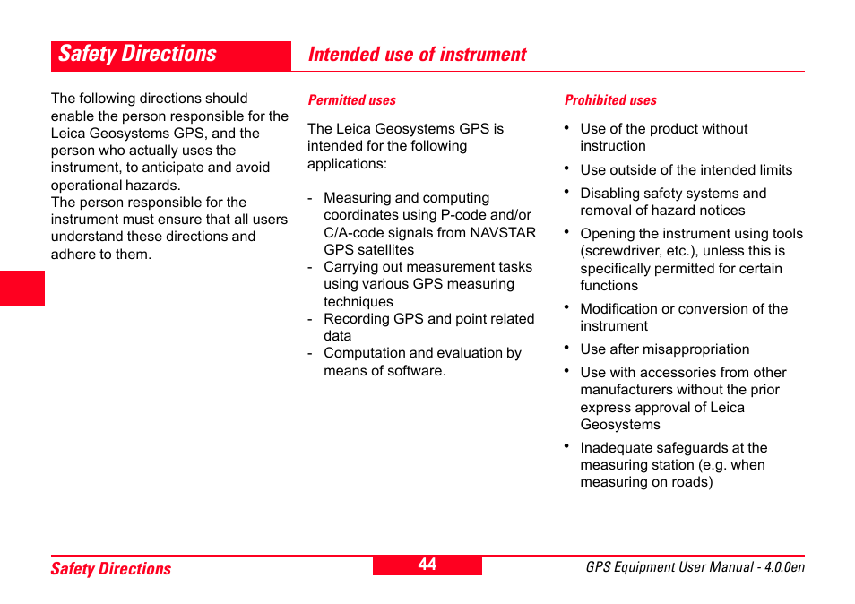 Safety directions, Intended use of instrument, Permitted uses | Prohibited uses, Permitted uses prohibited uses | Leica Geosystems GPS System 500 Equipment - User Manual User Manual | Page 44 / 62
