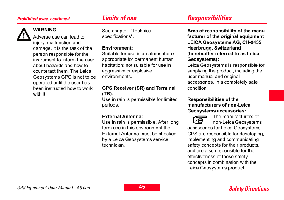 Limits of use, Responsibilities, Limits of use responsibilities | Leica Geosystems GPS System 500 Equipment - User Manual User Manual | Page 45 / 62