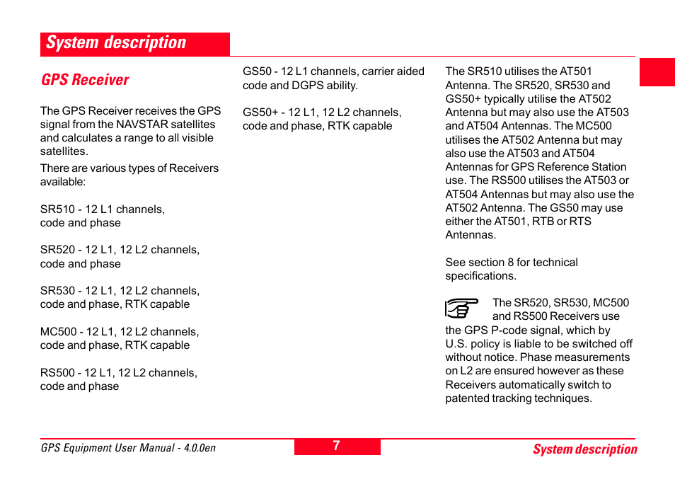 System description, Gps receiver, Gps receiver receiver hardware | Leica Geosystems GPS System 500 Equipment - User Manual User Manual | Page 7 / 62
