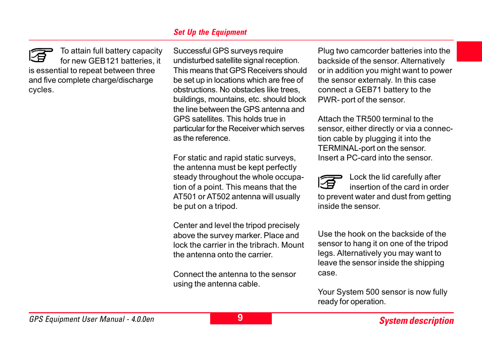 Set up the equipment | Leica Geosystems GPS System 500 Equipment - User Manual User Manual | Page 9 / 62