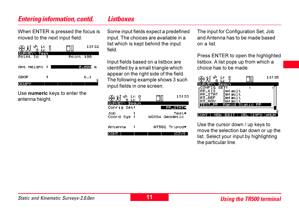 Listboxes, Listboxes entering information, contd | Leica Geosystems GPS System 500 - Getting Started with Static and Kinematic Surveys User Manual | Page 11 / 50