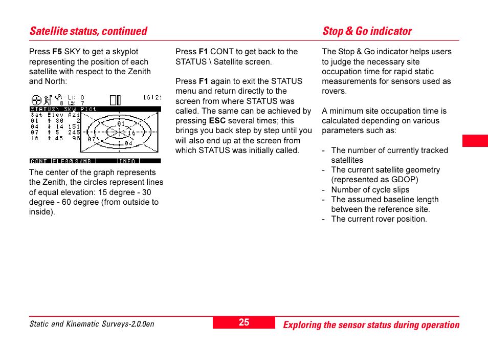 Stop & go indicator, Stop & go indicator satellite status, continued | Leica Geosystems GPS System 500 - Getting Started with Static and Kinematic Surveys User Manual | Page 25 / 50