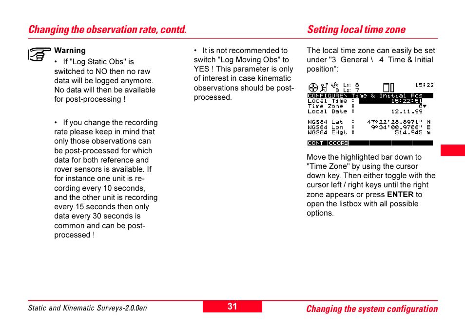 Setting local time zone, Changing the observation rate, contd | Leica Geosystems GPS System 500 - Getting Started with Static and Kinematic Surveys User Manual | Page 31 / 50