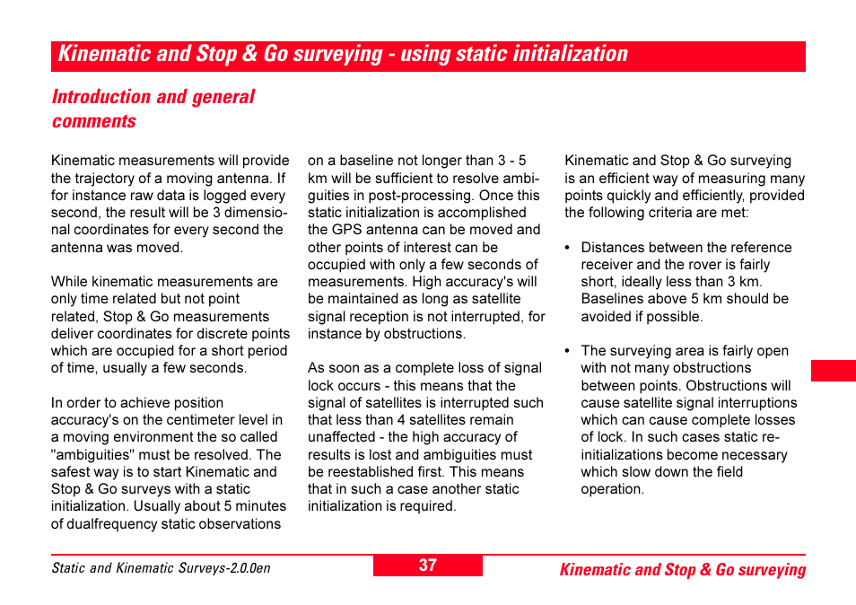 Introduction and general comments, Kinematic and stop & go surveying - using, Static initialization | Leica Geosystems GPS System 500 - Getting Started with Static and Kinematic Surveys User Manual | Page 37 / 50