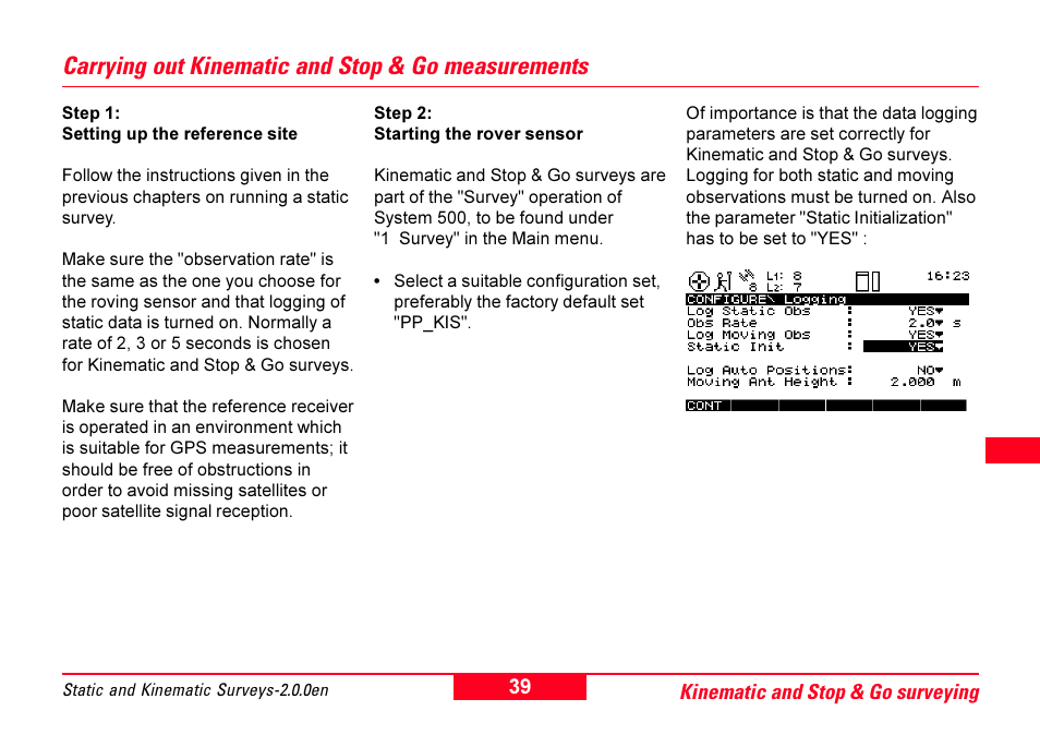 Carrying out kinematic and stop & go measurements | Leica Geosystems GPS System 500 - Getting Started with Static and Kinematic Surveys User Manual | Page 39 / 50