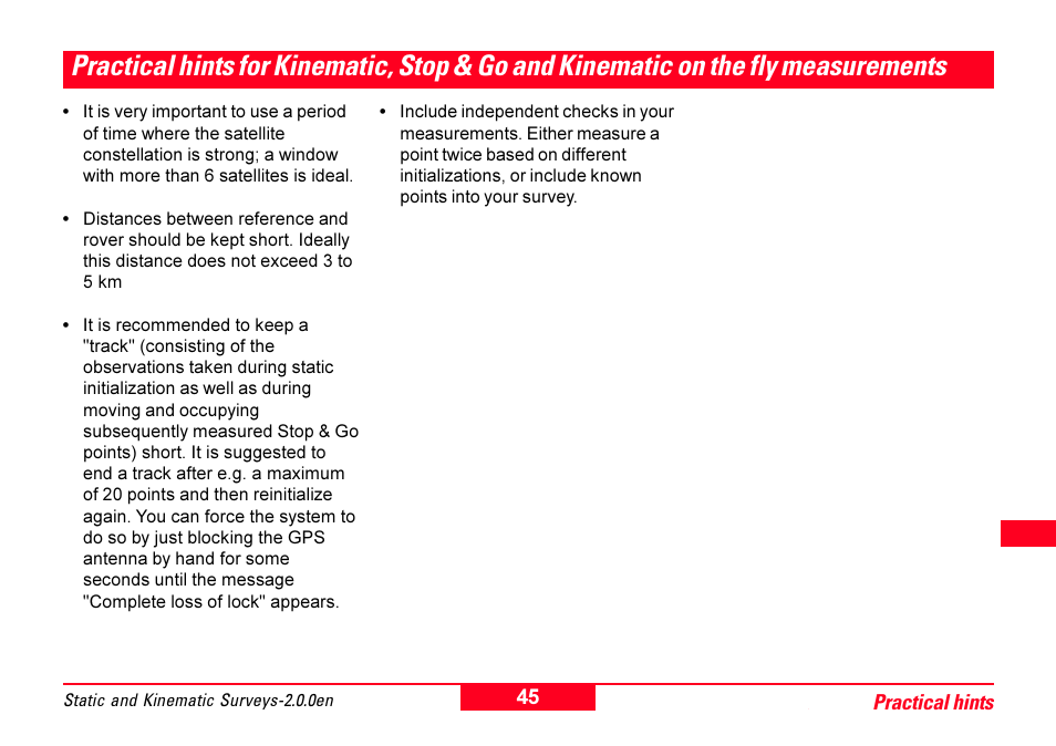 Practical hints for kinematic, stop & go and, Kinematic on the fly measurements | Leica Geosystems GPS System 500 - Getting Started with Static and Kinematic Surveys User Manual | Page 45 / 50