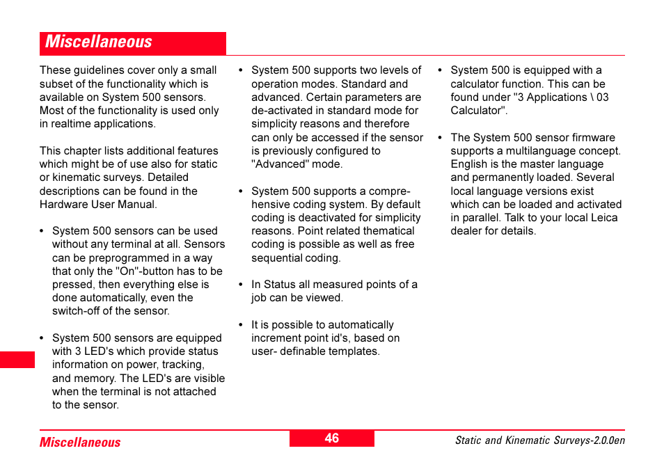 Miscellaneous | Leica Geosystems GPS System 500 - Getting Started with Static and Kinematic Surveys User Manual | Page 46 / 50