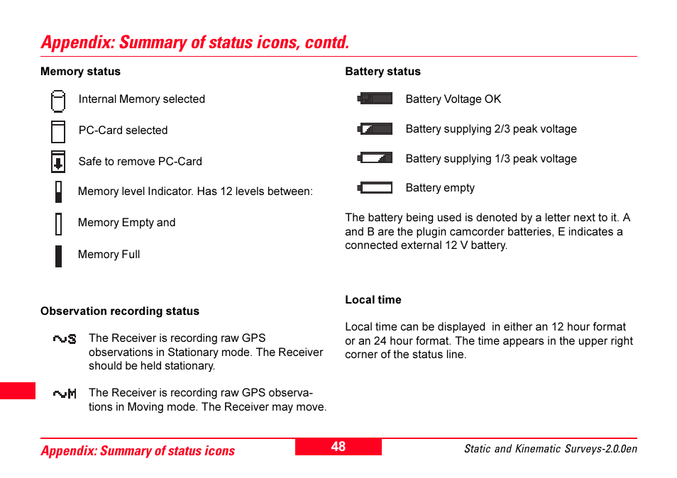 Appendix: summary of status icons, contd | Leica Geosystems GPS System 500 - Getting Started with Static and Kinematic Surveys User Manual | Page 48 / 50