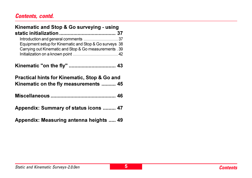 Contents, contd | Leica Geosystems GPS System 500 - Getting Started with Static and Kinematic Surveys User Manual | Page 5 / 50