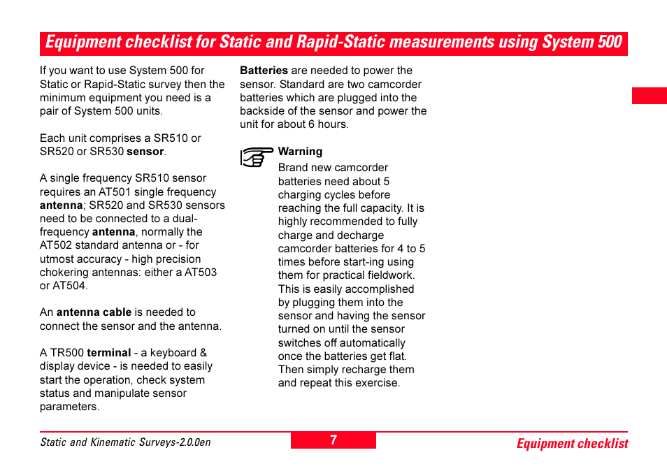 Equipment checklist for static and rapid, Static measurements using system 500 | Leica Geosystems GPS System 500 - Getting Started with Static and Kinematic Surveys User Manual | Page 7 / 50