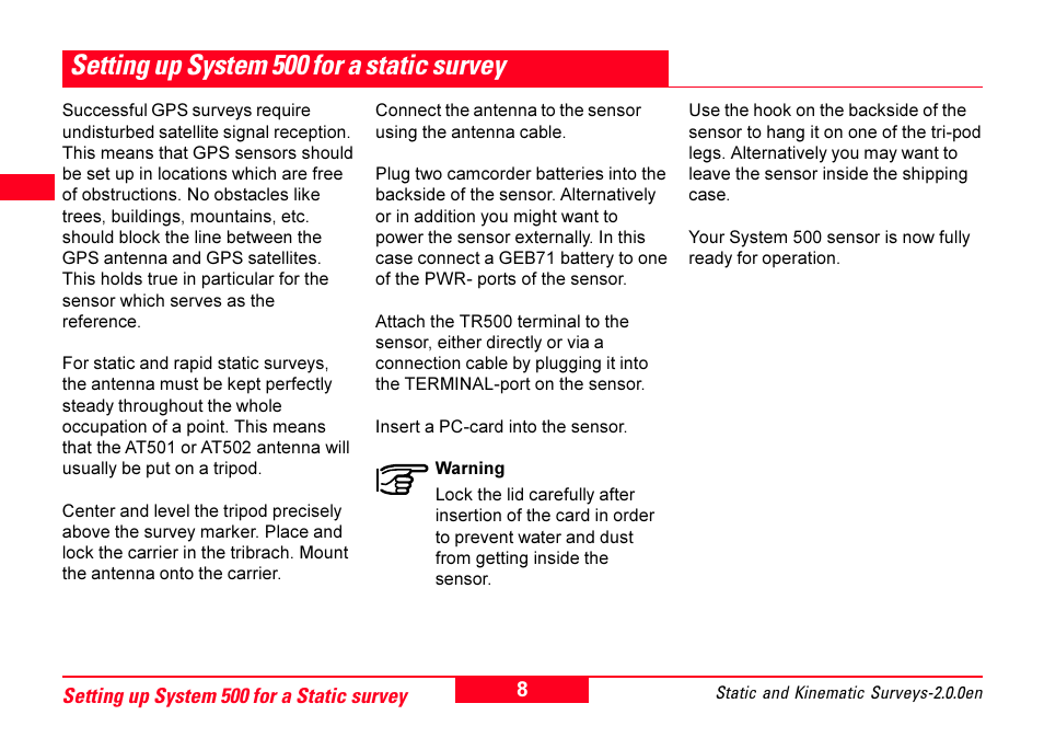 Setting up system 500 for a static survey | Leica Geosystems GPS System 500 - Getting Started with Static and Kinematic Surveys User Manual | Page 8 / 50