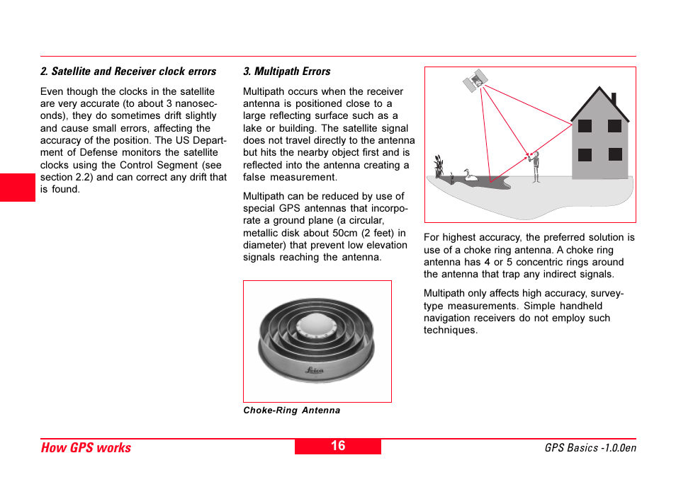 Choke-ring antenna, Clock (satellite and receiver), Multipath | Satellite and receiver clock, How gps works 4 | Leica Geosystems GPS Basics User Manual | Page 16 / 64