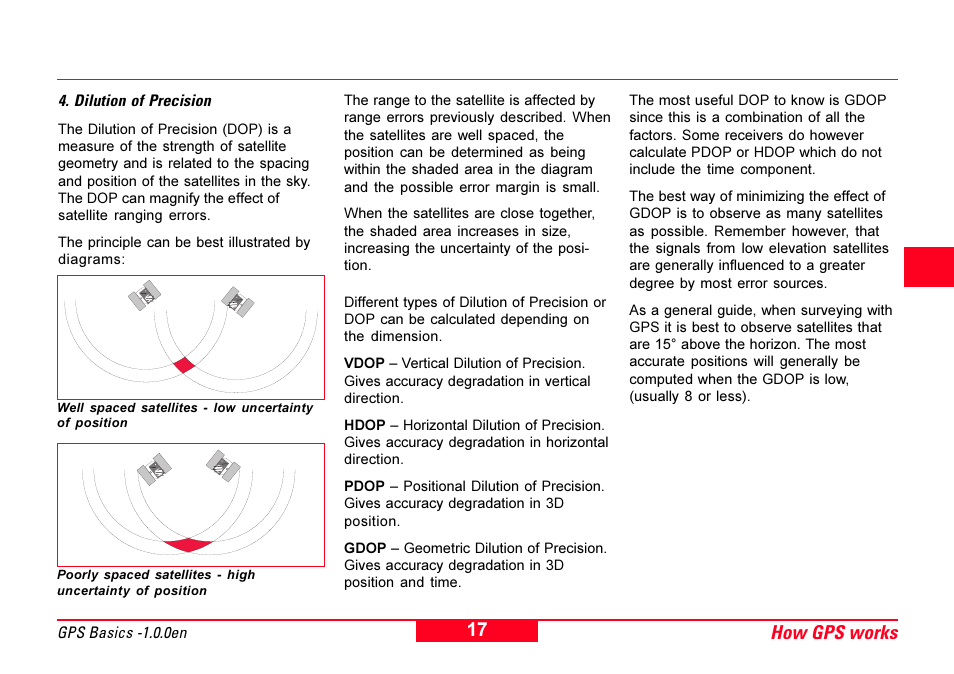 Gdop, Hdop, Pdop | Vdop, Dilution of precision, How gps works 4 5 6 | Leica Geosystems GPS Basics User Manual | Page 17 / 64