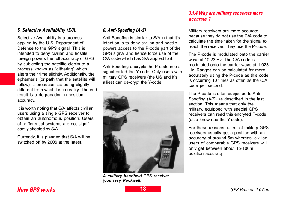 4 why are military receivers more accurate, Anti-spoofing (a-s), Selective availability (s/a) | How gps works 4 | Leica Geosystems GPS Basics User Manual | Page 18 / 64