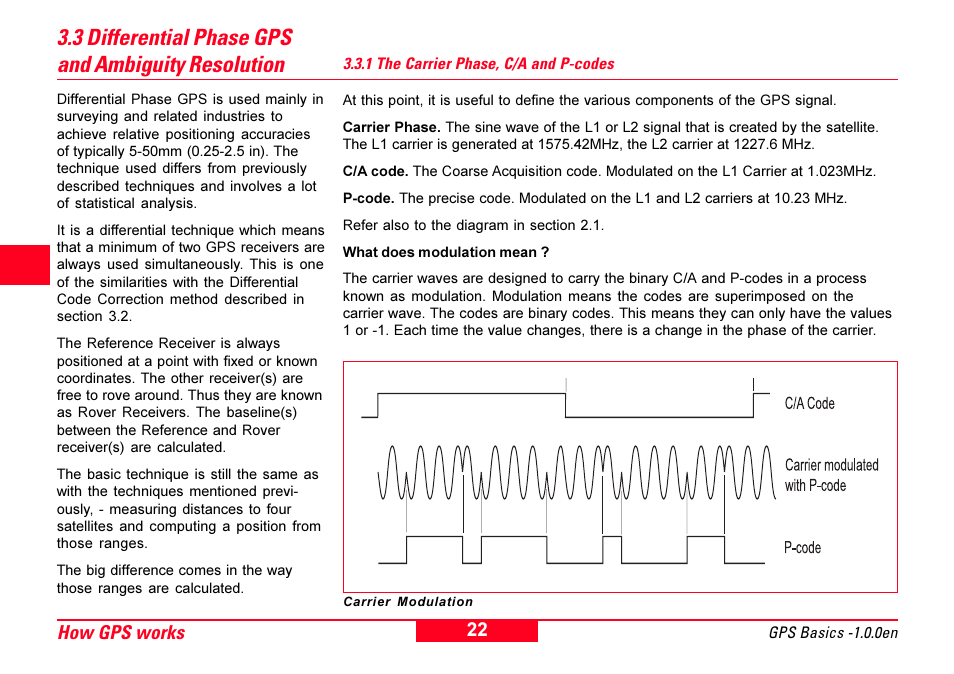 3 differential phase gps and ambiguity resolution, 1 the carrier phase, c/a and p-codes, Ambiguity resolution | Carrier phase, Differential phase, How gps works 4 | Leica Geosystems GPS Basics User Manual | Page 22 / 64