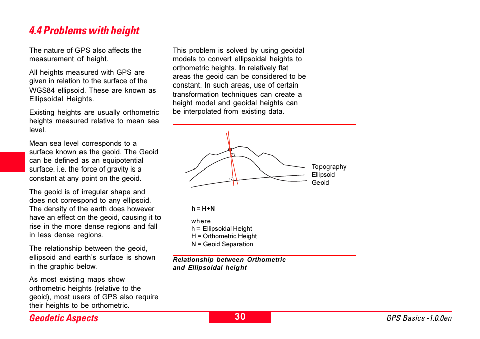 4 problems with height, Ellipsoid height, Geoid separation | Orthometric height, Geodetic aspects | Leica Geosystems GPS Basics User Manual | Page 30 / 64