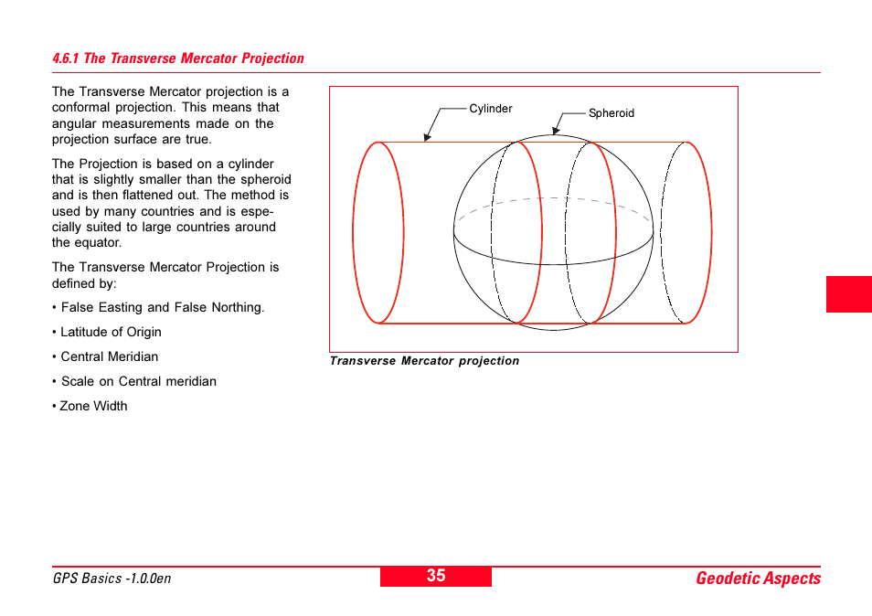 1 the transverse mercator projection, Transverse mercator, Geodetic aspects | Leica Geosystems GPS Basics User Manual | Page 35 / 64