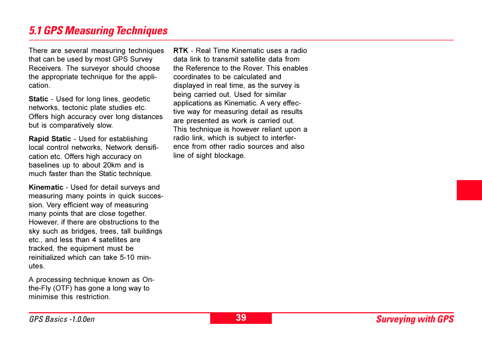 1 gps measuring techniques, Kinematic, Kinematic on the fly (otf) | Measuring techniques (gps), Rapid static, Real time kinematic (rtk), Static, Surveying with gps | Leica Geosystems GPS Basics User Manual | Page 39 / 64