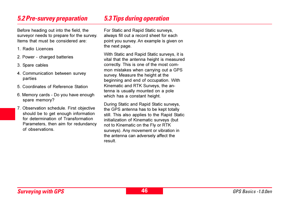 2 pre-survey preparation, 3 tips during operation, Surveying with gps | Leica Geosystems GPS Basics User Manual | Page 46 / 64