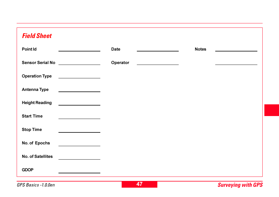 Field sheet, Surveying with gps | Leica Geosystems GPS Basics User Manual | Page 47 / 64