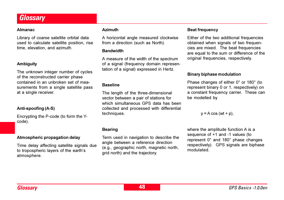 Glossary, Almanac, Atmospheric propagation delay | Azimuth, Bandwidth, Baseline, Bearing, Beat frequency, Binary biphase modulation | Leica Geosystems GPS Basics User Manual | Page 48 / 64