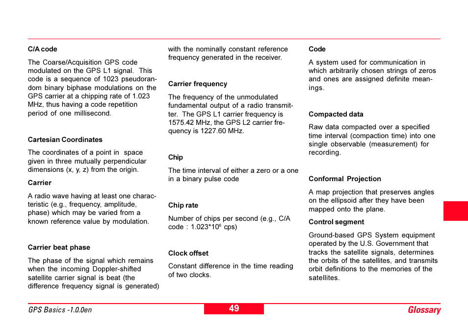 Carrier, Carrier beat phase, Chip | Chip rate, Clock offset, Code, Compacted data, Conformal projection, Glossary | Leica Geosystems GPS Basics User Manual | Page 49 / 64