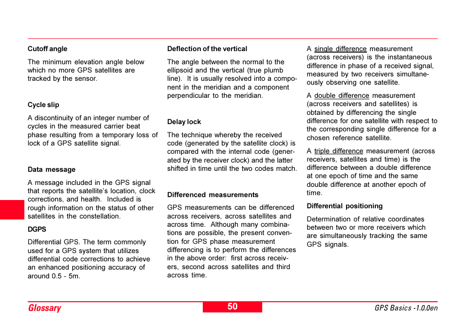 Cutoff angle, Cycle slip, Data message | Deflection of the vertical, Delay lock, Differenced measurements, Differential positioning, Glossary | Leica Geosystems GPS Basics User Manual | Page 50 / 64