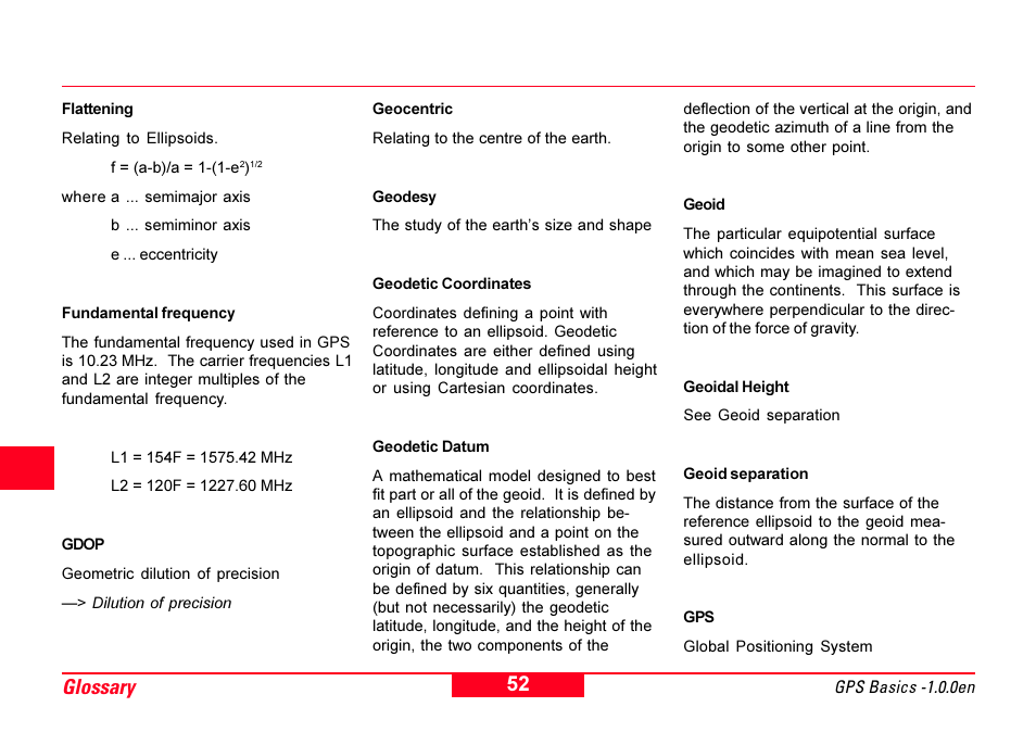 Flattening, Fundamental frequency, Geocentric | Geodesy, Geodetic datum, Geoid, Glossary | Leica Geosystems GPS Basics User Manual | Page 52 / 64