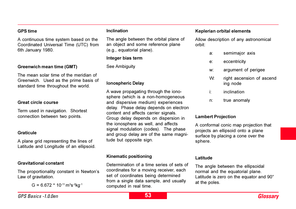 Gps time, Graticule, Gravitational constant | Great circle cours, Greenwich mean time (gmt), Inclination, Integer bias term, Keplerian orbital elements, Lambert projection, Glossary | Leica Geosystems GPS Basics User Manual | Page 53 / 64