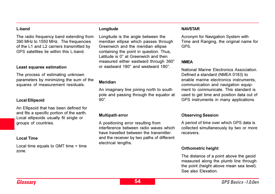 L-band, Least squares estimation, Meridian | Multipath error, Nmea, Glossary | Leica Geosystems GPS Basics User Manual | Page 54 / 64