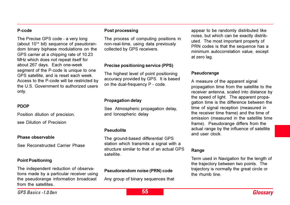 P-code, Phase observable, Point positioning | Post processing, Precise positioning service (pps), Propagation delay, Pseudolite, Pseudorandom noise (prn) code, Pseudorange, Range | Leica Geosystems GPS Basics User Manual | Page 55 / 64