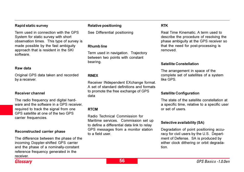 Rapid static survey, Raw data, Receiver channel | Reconstructed carrier phase, Relative positioning, Rhumb line, Rinex, Satellite configuration, Satellite constellation, Glossary | Leica Geosystems GPS Basics User Manual | Page 56 / 64