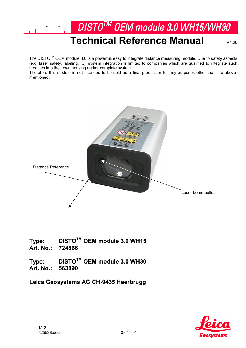Leica Geosystems Leica DISTO OEM Module 3.0 WH15/WH30 User Manual | 12 pages