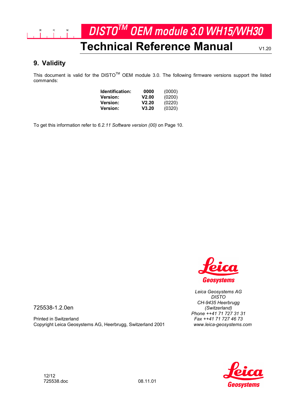 Validity, Technical reference manual, Disto | Leica Geosystems Leica DISTO OEM Module 3.0 WH15/WH30 User Manual | Page 12 / 12
