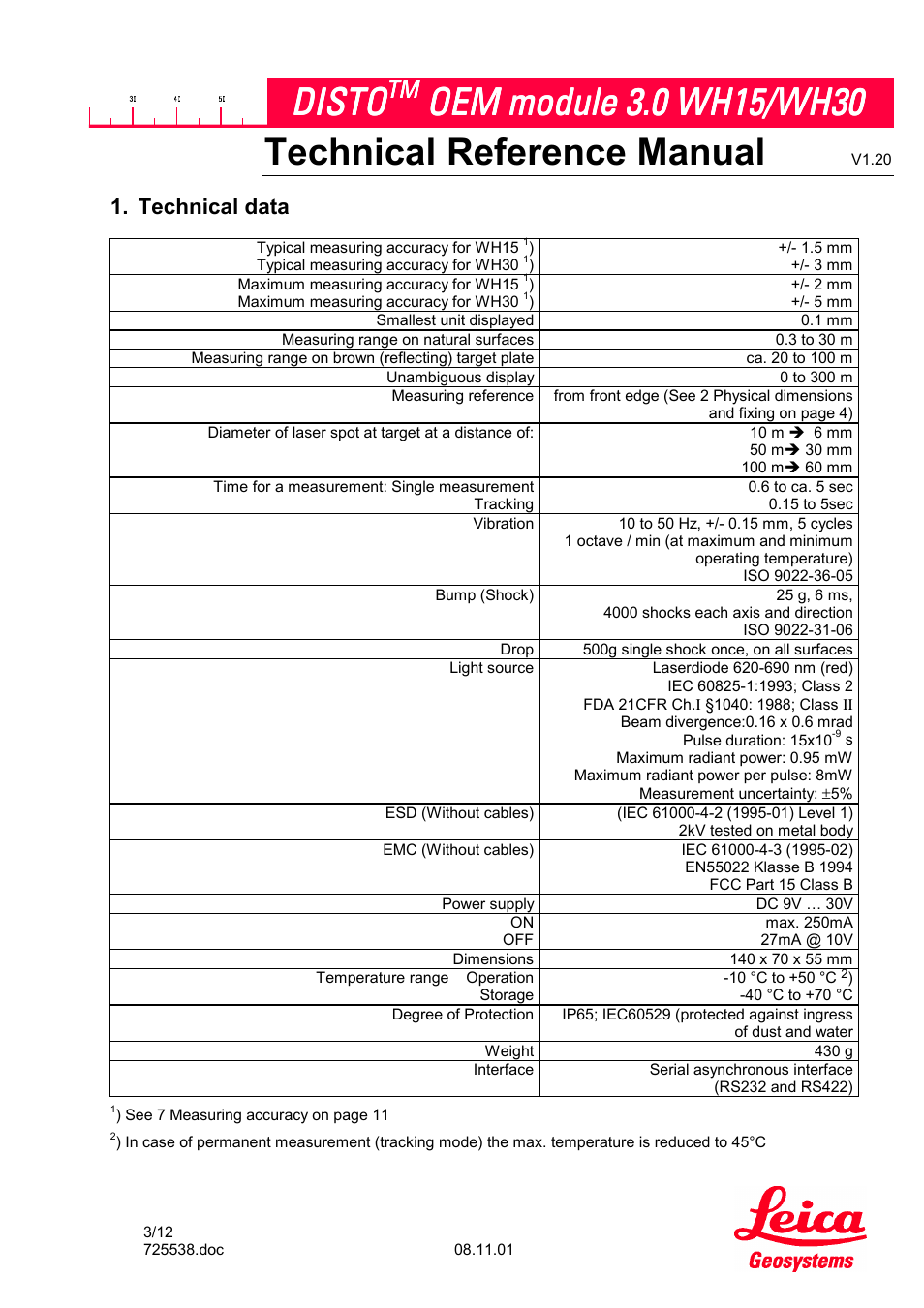 Technical data, Technical reference manual, Disto | Leica Geosystems Leica DISTO OEM Module 3.0 WH15/WH30 User Manual | Page 3 / 12