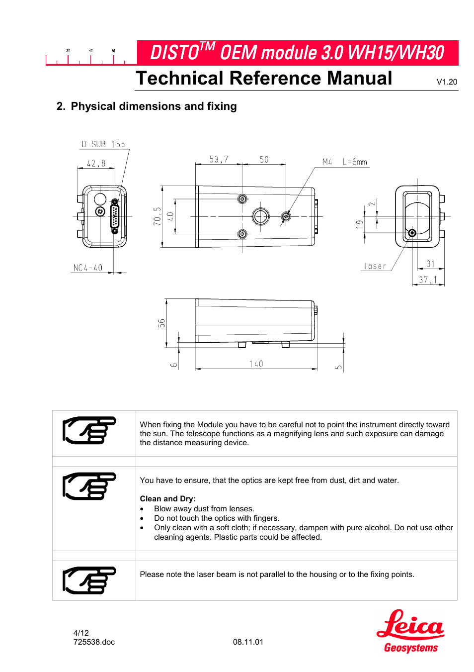 Physical dimensions and fixing, Technical reference manual, Disto | Leica Geosystems Leica DISTO OEM Module 3.0 WH15/WH30 User Manual | Page 4 / 12