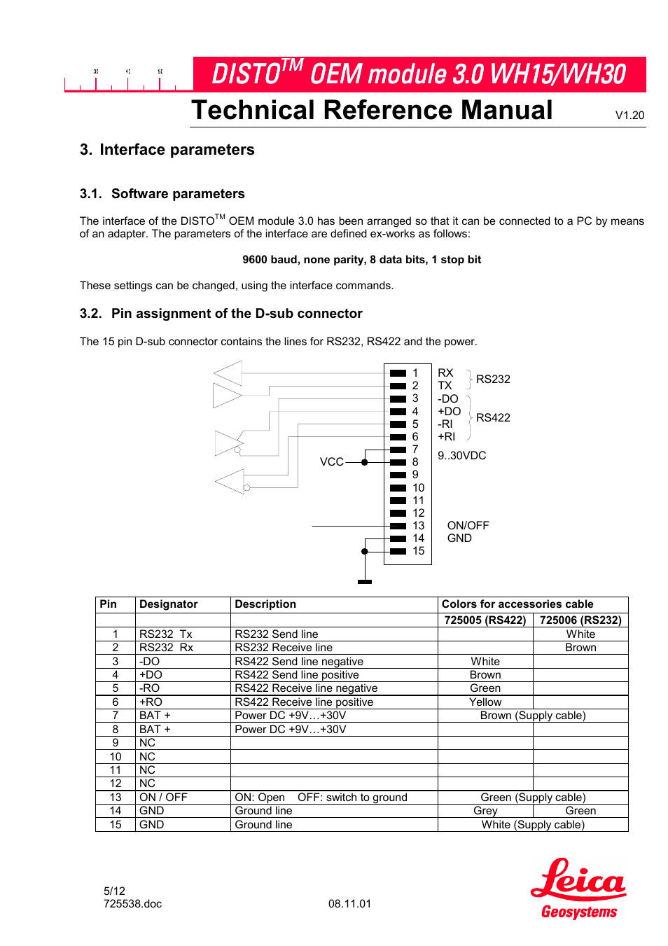 Interface parameters, Software parameters, Pin assignment of the d-sub connector | Technical reference manual, Disto | Leica Geosystems Leica DISTO OEM Module 3.0 WH15/WH30 User Manual | Page 5 / 12