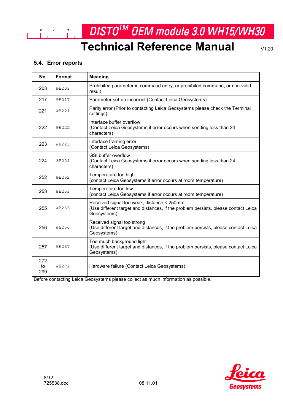 Error reports, Technical reference manual, Disto | Leica Geosystems Leica DISTO OEM Module 3.0 WH15/WH30 User Manual | Page 8 / 12