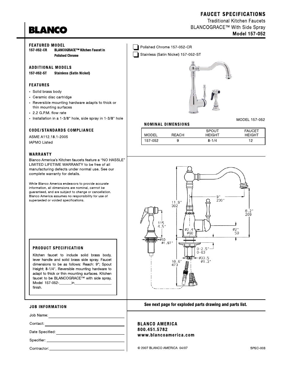 Blanco 157-052 User Manual | 2 pages