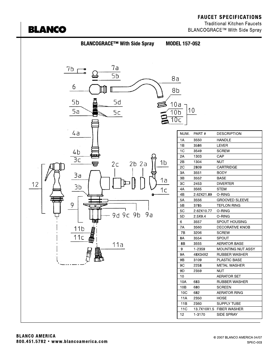 Blanco, Faucet specifications, Blanco america | Blanco 157-052 User Manual | Page 2 / 2