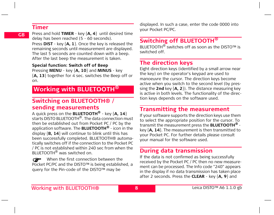 Working with, Working with bluetooth, Timer | Switching on bluetooth® / sending measurements, Switching off bluetooth, The direction keys, Transmitting the measurement, During data transmission | Leica Geosystems Leica DISTO A6 - User Manual User Manual | Page 11 / 16